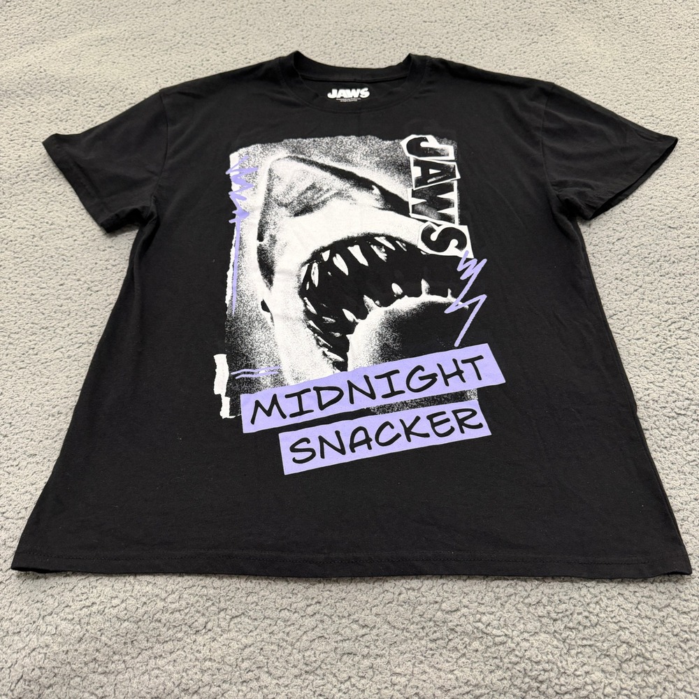 Jaws Mens Midnight Snacker Shark Graphic T-Shirt Black Large Movie Short Sleeve